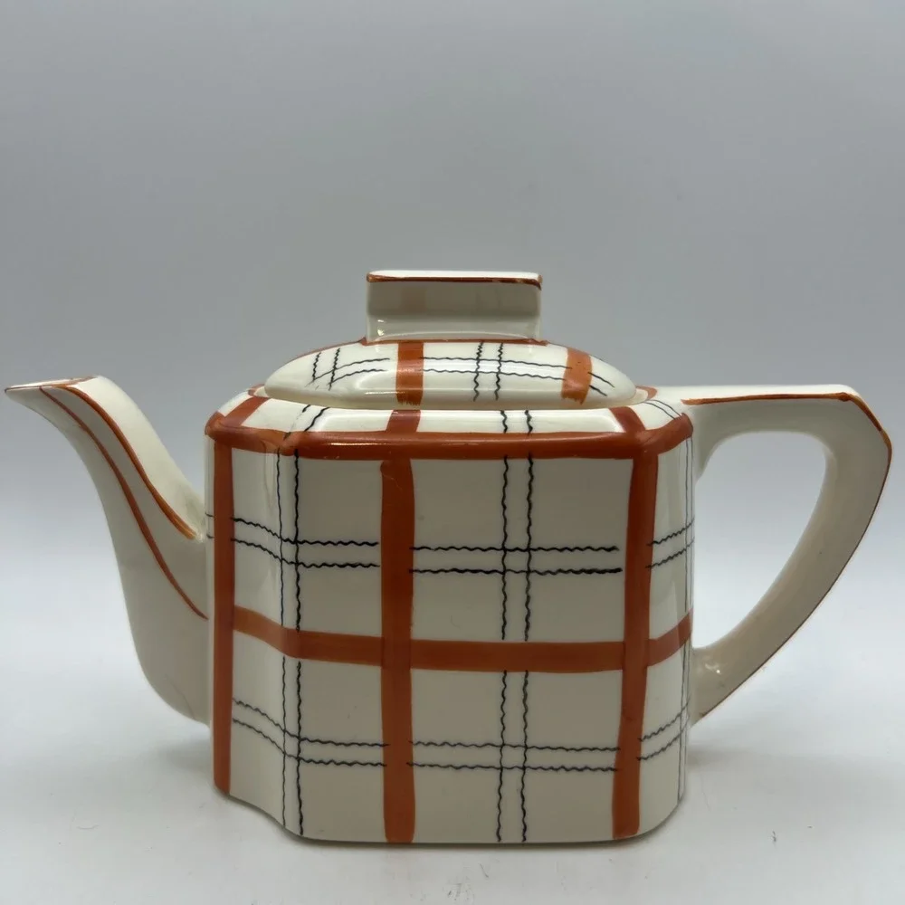 Vtg Gold Castle Japan Plaid Teapot Art Deco Orange Windowpane Check Spout Crack
